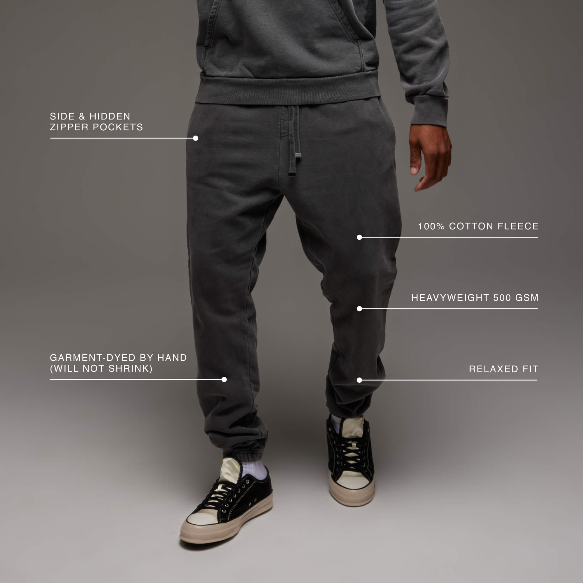 Male model wearing the Mens Heavyweight Sweatpants, showing features such as the relaxed fit, hidden side zipper pockets and heavyweight 500GSM fabric.
