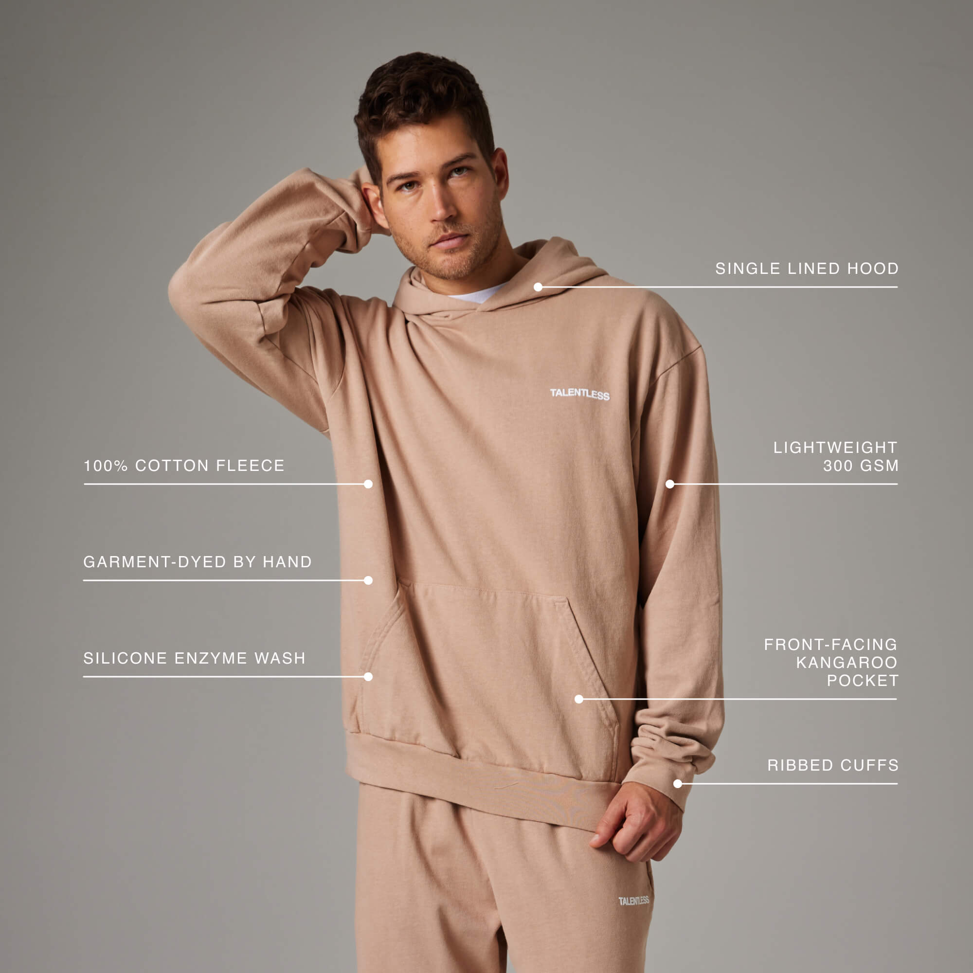 Model wearing the Mens Lightweight Hoodie, showing the lightweight relaxed fit, single lined hood and lightweight 300 GSM.