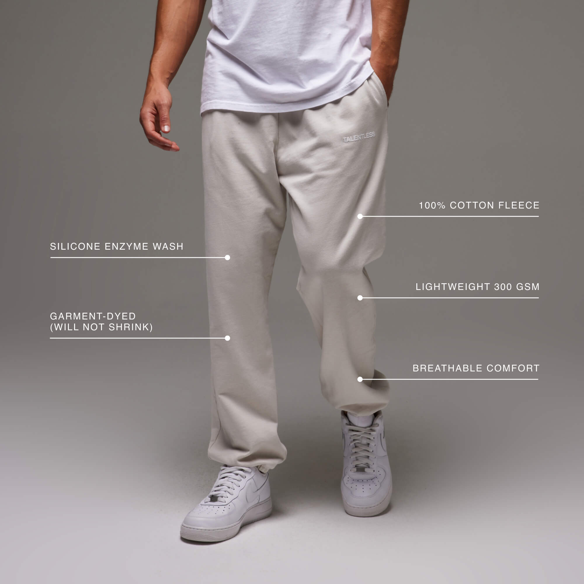 Model wearing the Mens Lightweight Sweatpants, showing the loose and relaxed fit, breathable comfort.